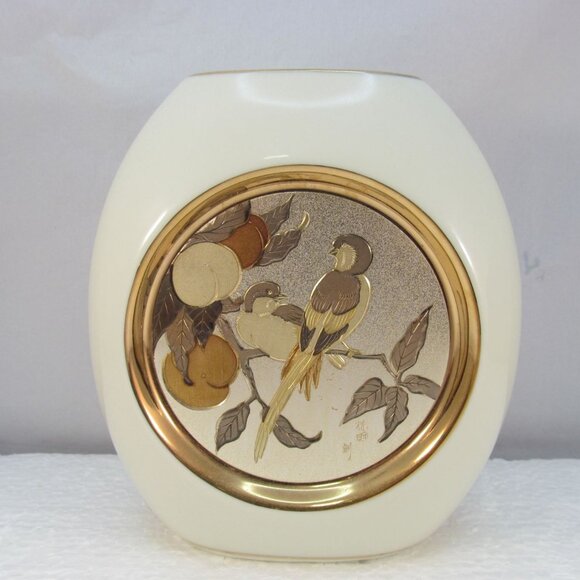 Vintage The Art of Chokin Ceramic Bud Vase with Gold Accented Birds and Fruit - Picture 1 of 12